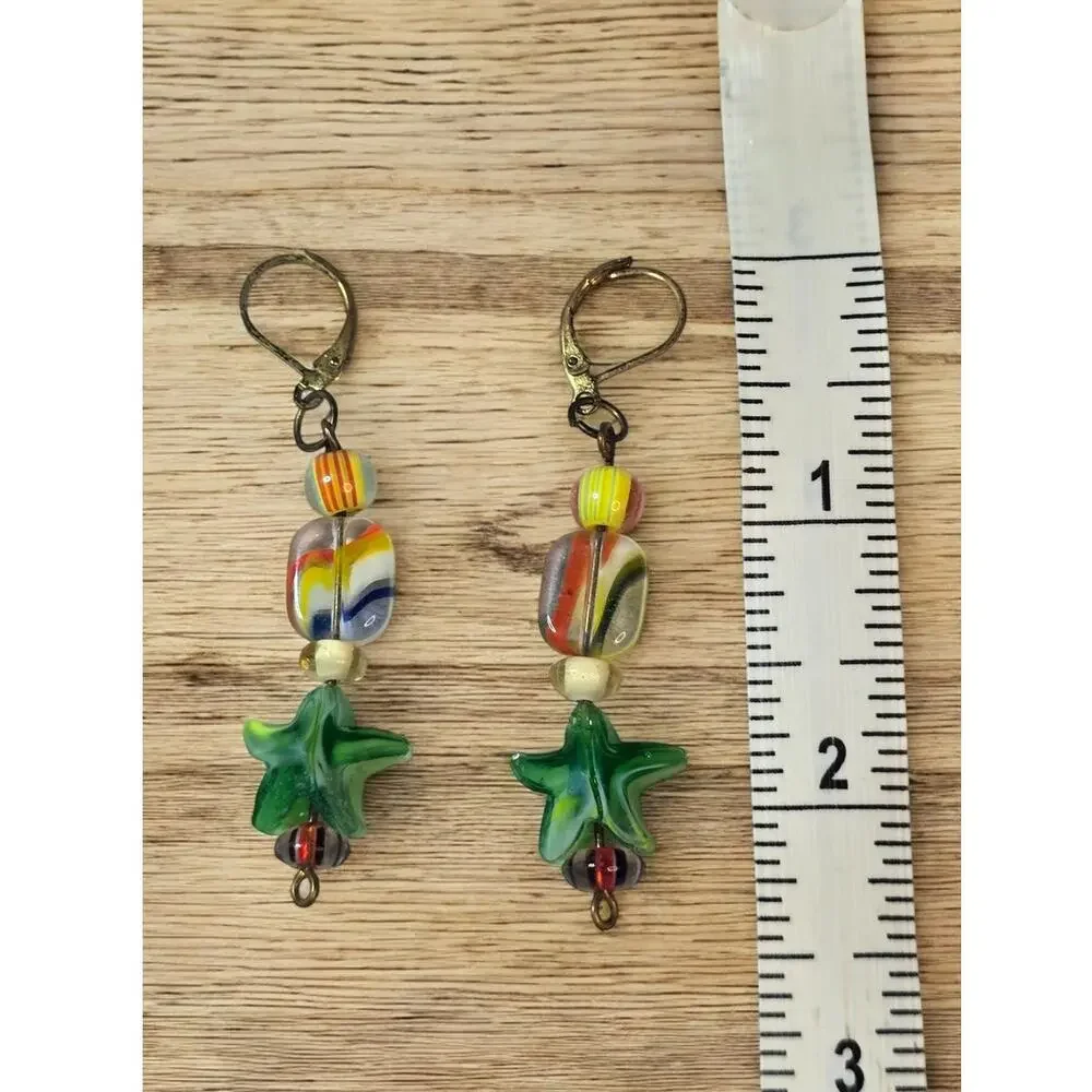 Art Glass Star Dangle Earrings Multicolor Lampwork Beaded Whimsical Artisan